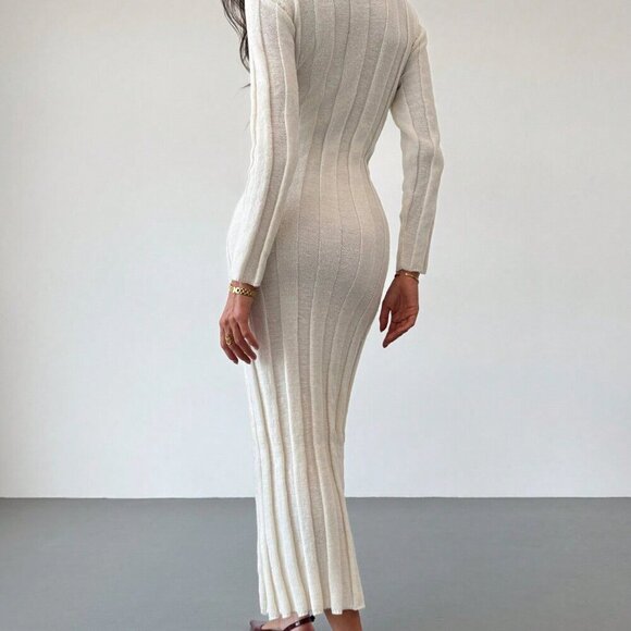 Beige Elegant Women's Crew Neck Long Warm & Comfortable Knit Casual Dress - Picture 3 of 7